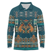 Dark Cyan Blue Batik Papua-inspired Pattern Long Sleeve Polo Shirt LT9 Blue - Polynesian Pride