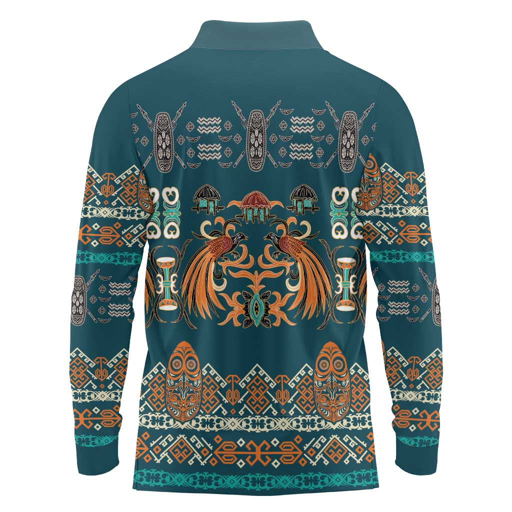 Dark Cyan Blue Batik Papua-inspired Pattern Long Sleeve Polo Shirt LT9 - Polynesian Pride