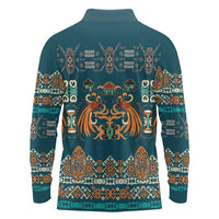 Dark Cyan Blue Batik Papua-inspired Pattern Long Sleeve Polo Shirt LT9 - Polynesian Pride
