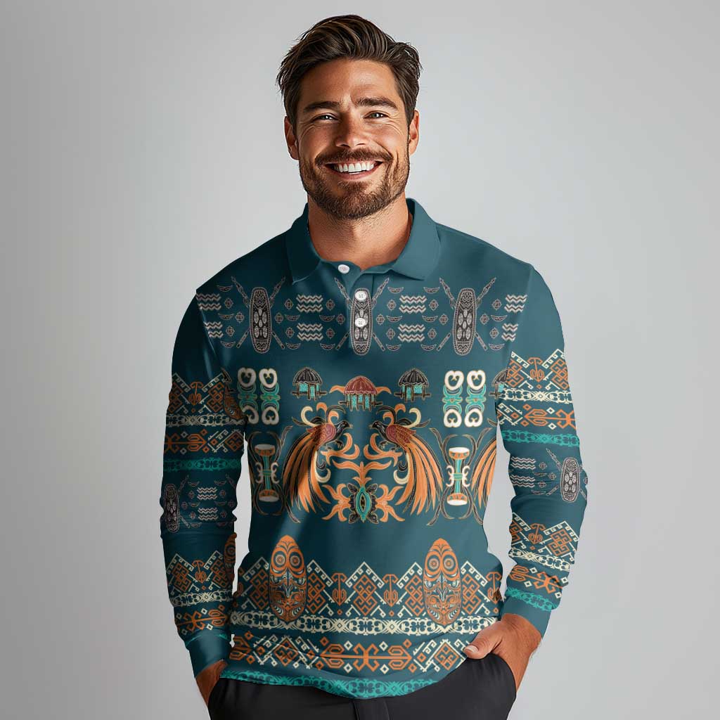 Dark Cyan Blue Batik Papua-inspired Pattern Long Sleeve Polo Shirt LT9 - Polynesian Pride
