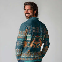 Dark Cyan Blue Batik Papua-inspired Pattern Long Sleeve Polo Shirt LT9 - Polynesian Pride