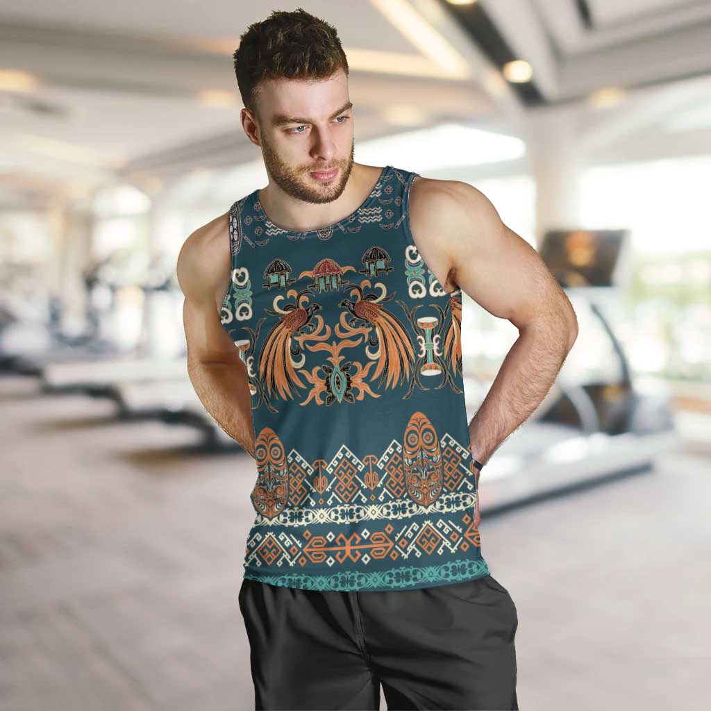Dark Cyan Blue Batik Papua-inspired Pattern Men Tank Top LT9 Blue - Polynesian Pride