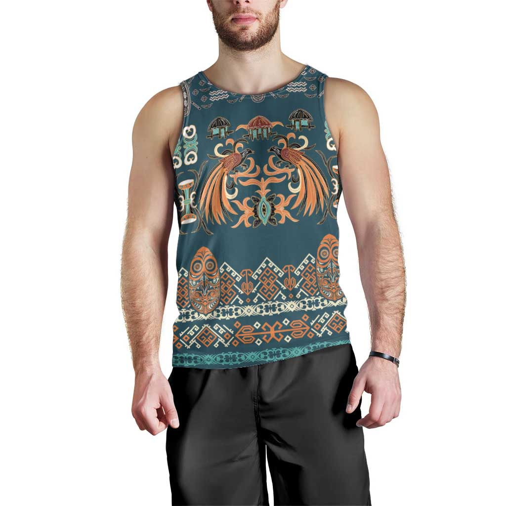 Dark Cyan Blue Batik Papua-inspired Pattern Men Tank Top LT9 - Polynesian Pride