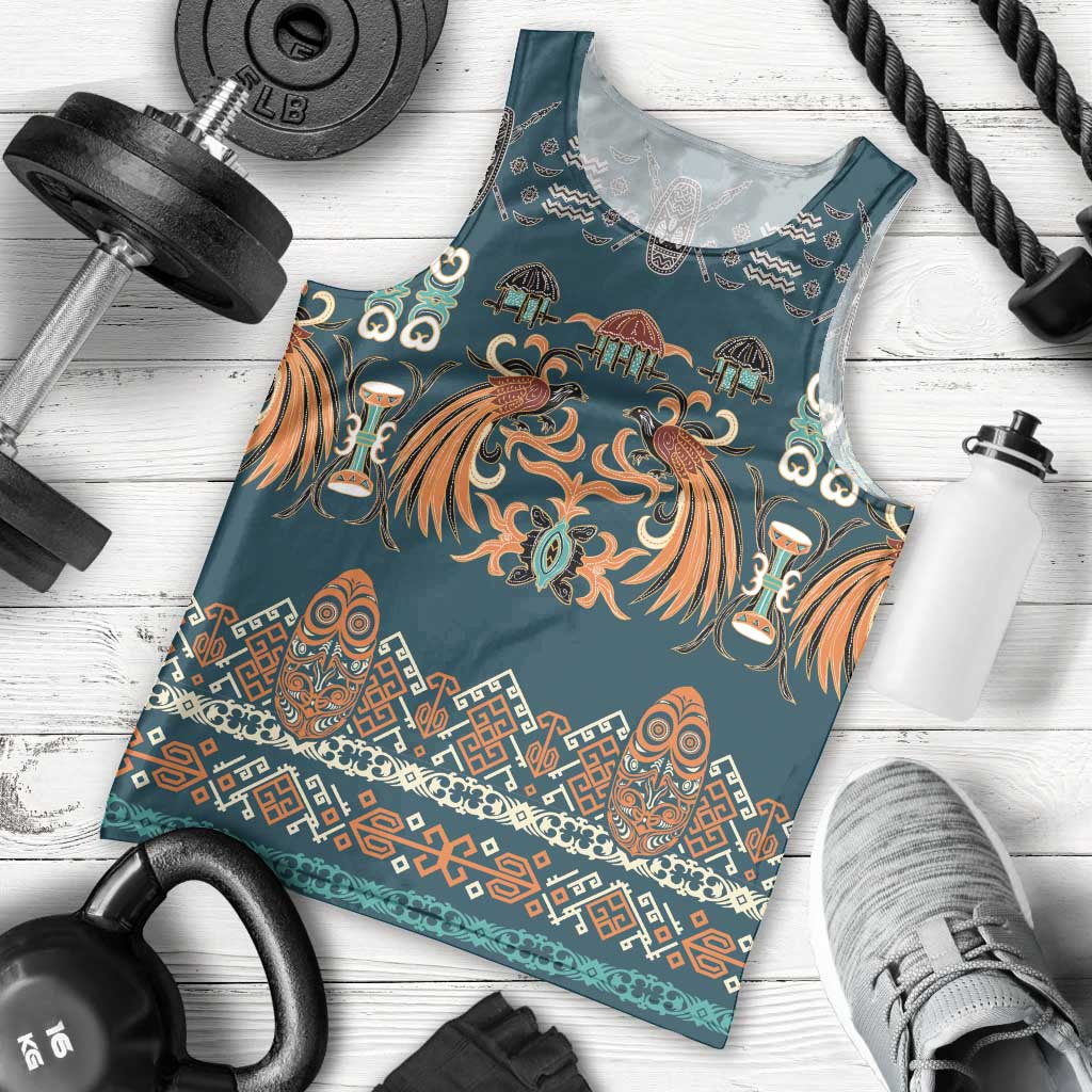 Dark Cyan Blue Batik Papua-inspired Pattern Men Tank Top LT9 - Polynesian Pride