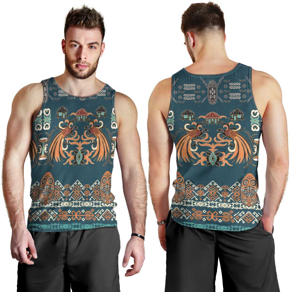 Dark Cyan Blue Batik Papua-inspired Pattern Men Tank Top LT9 - Polynesian Pride