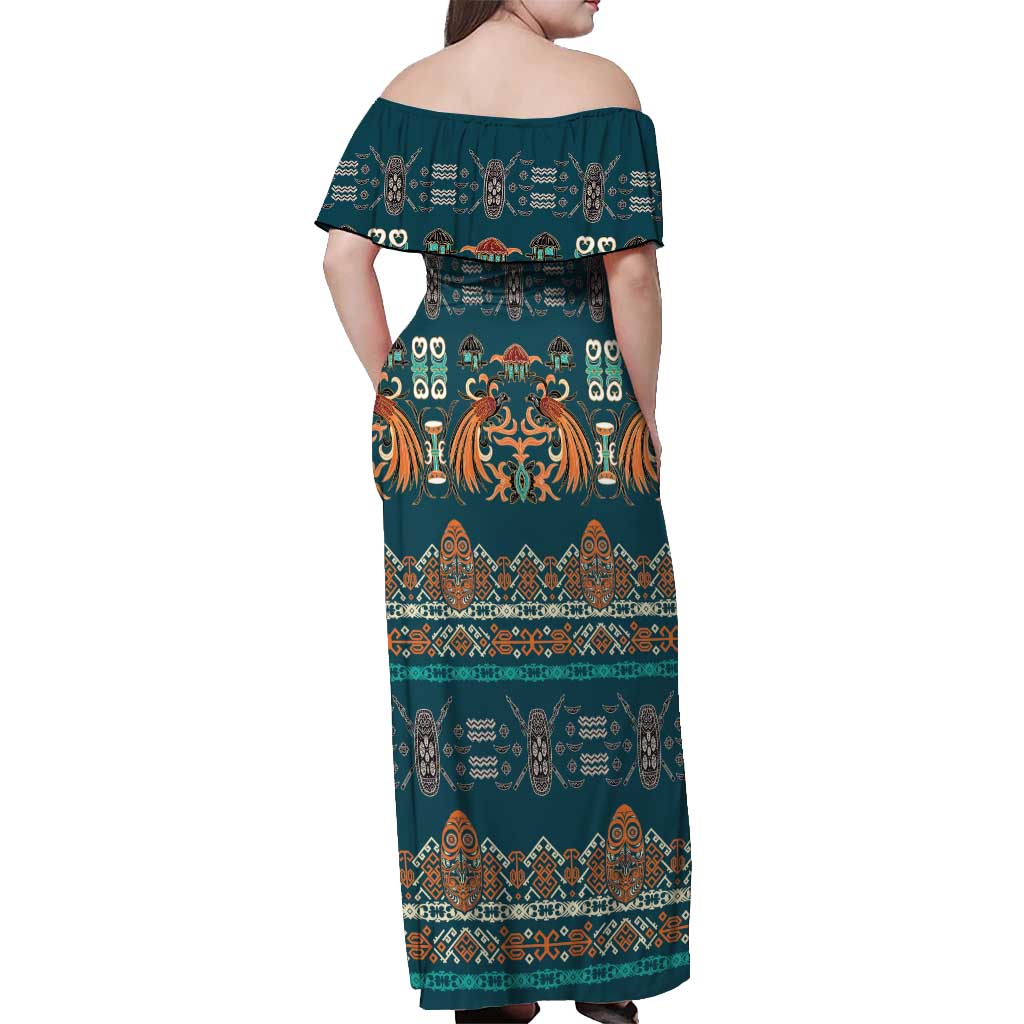 Dark Cyan Blue Batik Papua-inspired Pattern Off Shoulder Maxi Dress LT9 - Polynesian Pride