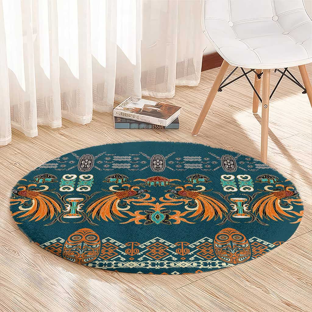 Dark Cyan Blue Batik Papua-inspired Pattern Round Carpet - Polynesian Pride