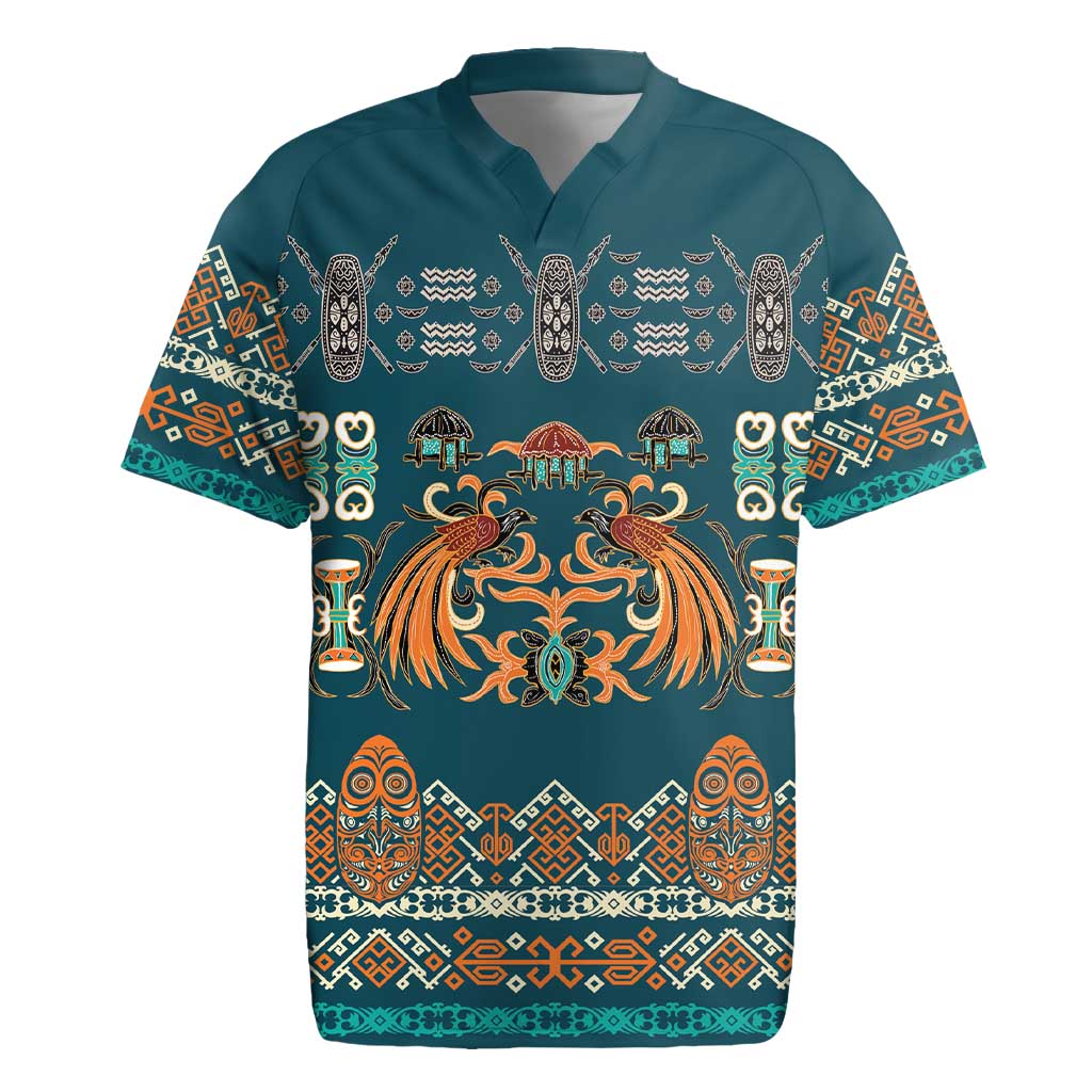 Dark Cyan Blue Batik Papua-inspired Pattern Rugby Jersey LT9 Blue - Polynesian Pride