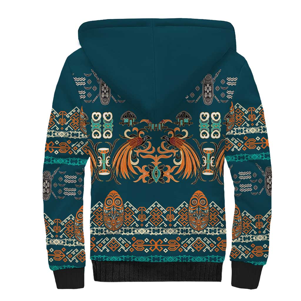 Dark Cyan Blue Batik Papua-inspired Pattern Sherpa Hoodie LT9 - Polynesian Pride