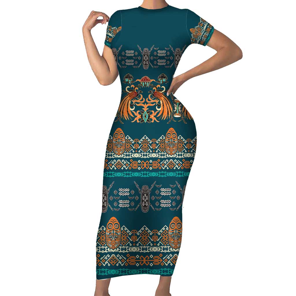 Dark Cyan Blue Batik Papua-inspired Pattern Short Sleeve Bodycon Dress - Polynesian Pride