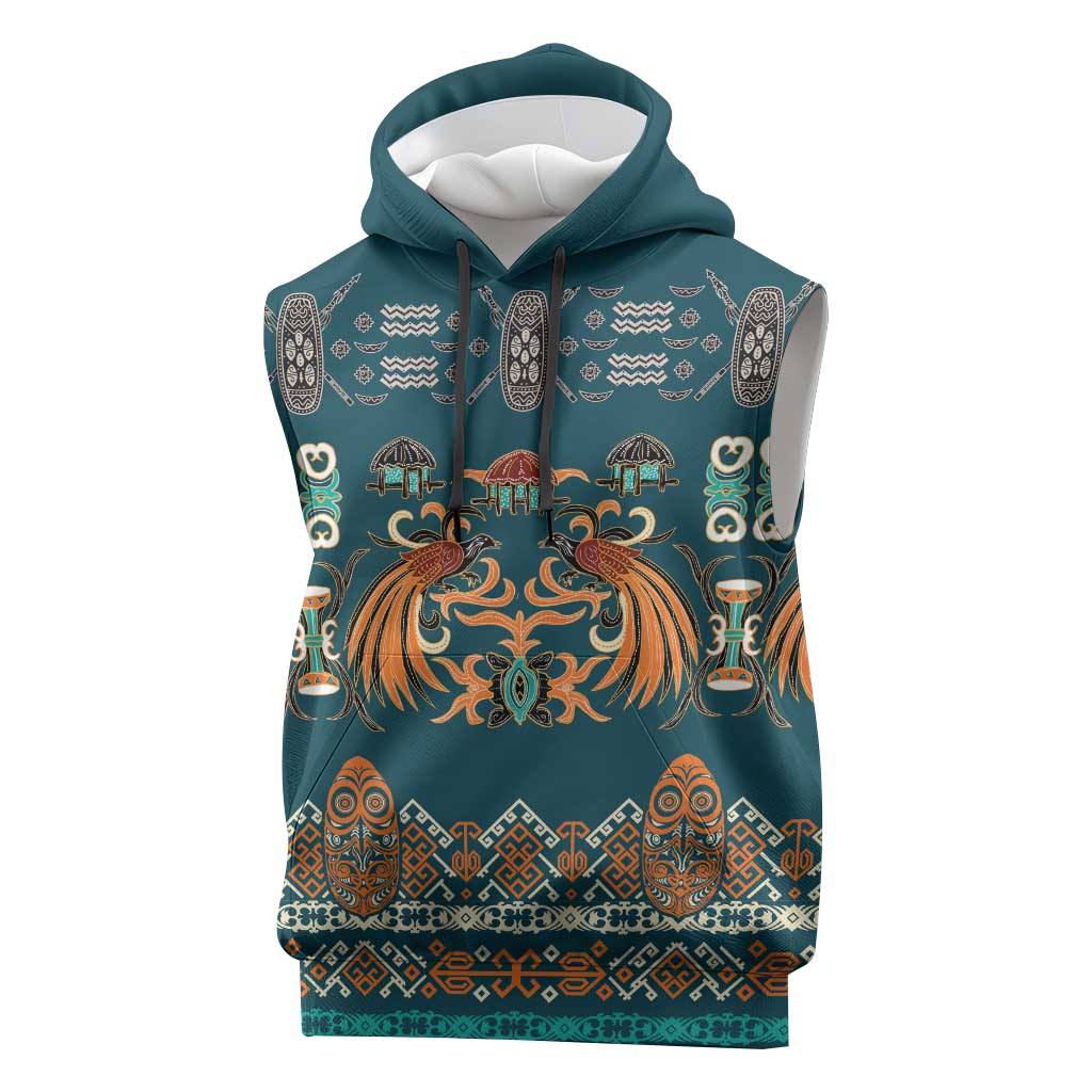 Dark Cyan Blue Batik Papua-inspired Pattern Sleeveless Hoodie - Polynesian Pride