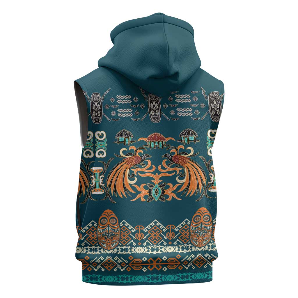 Dark Cyan Blue Batik Papua-inspired Pattern Sleeveless Hoodie - Polynesian Pride