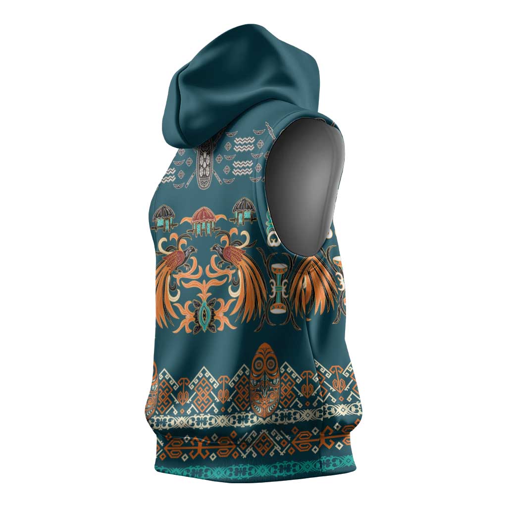 Dark Cyan Blue Batik Papua-inspired Pattern Sleeveless Hoodie - Polynesian Pride