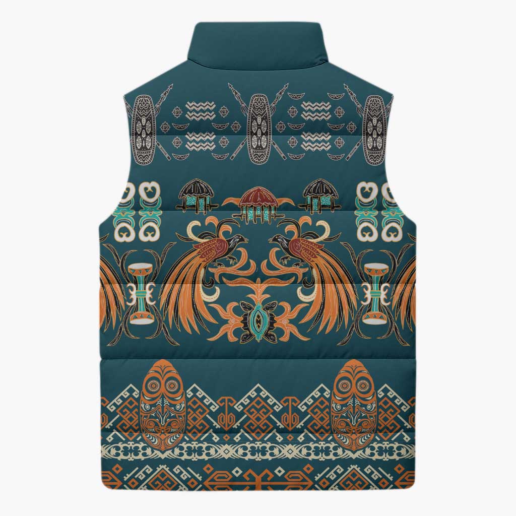 Dark Cyan Blue Batik Papua-inspired Pattern Sleeveless Puffer Jacket LT9 - Polynesian Pride