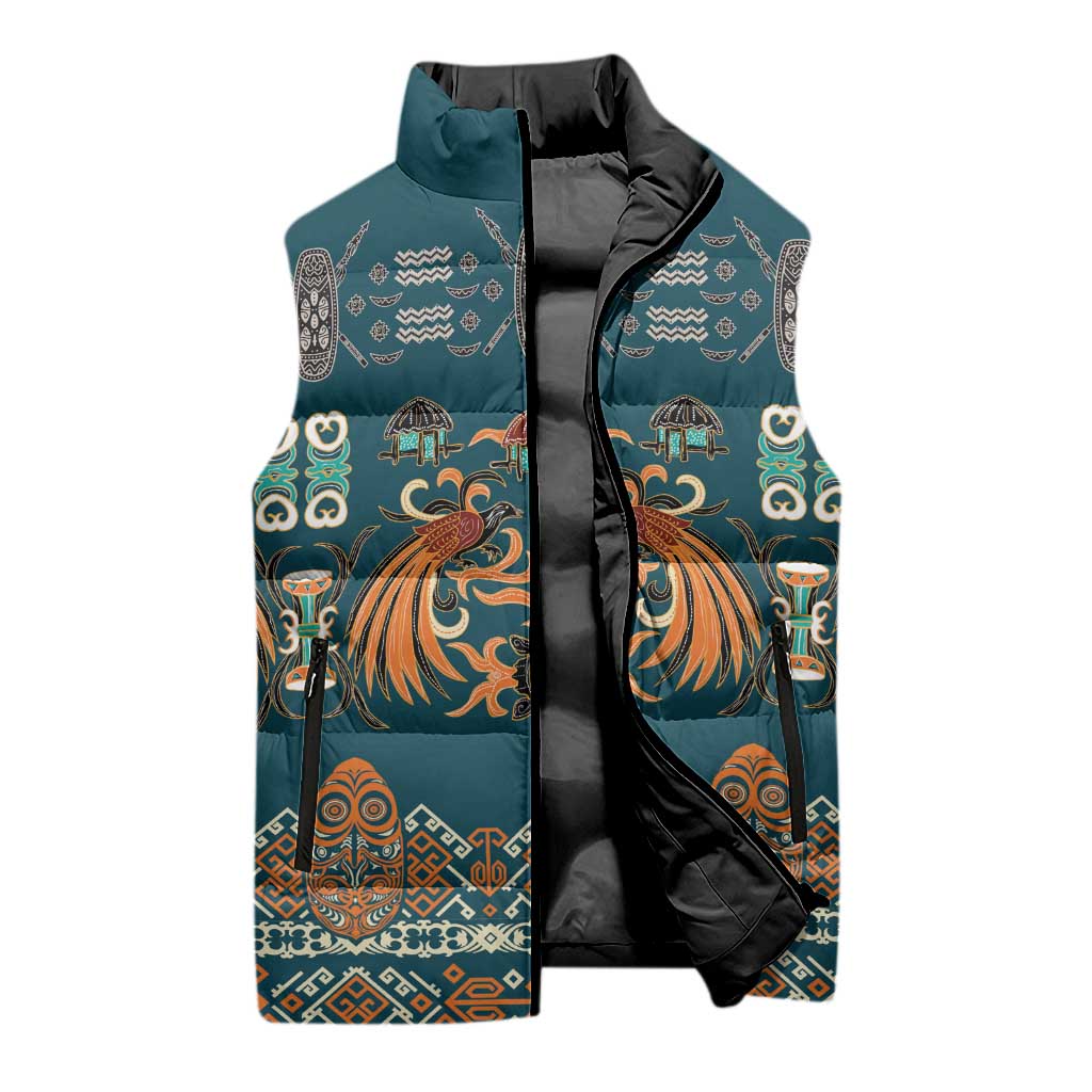 Dark Cyan Blue Batik Papua-inspired Pattern Sleeveless Puffer Jacket LT9 - Polynesian Pride