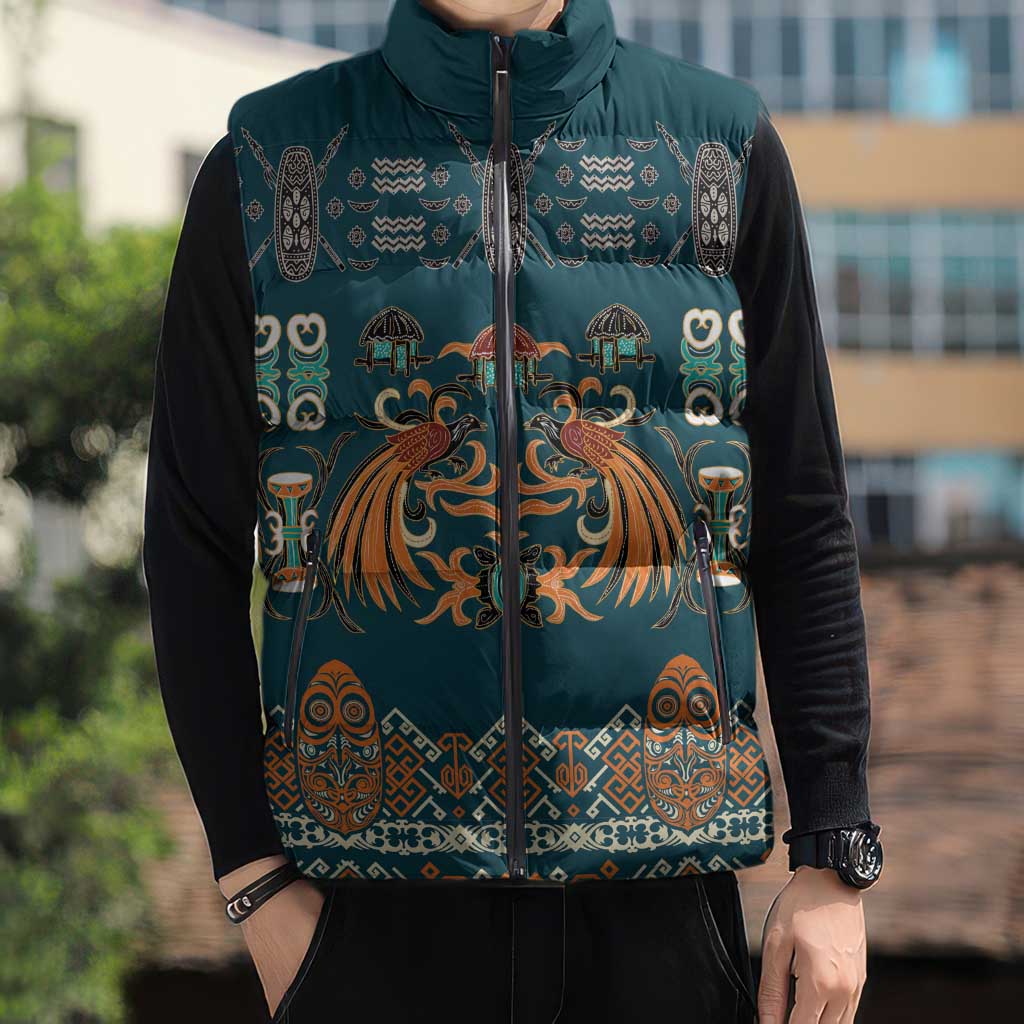 Dark Cyan Blue Batik Papua-inspired Pattern Sleeveless Puffer Jacket LT9 - Polynesian Pride