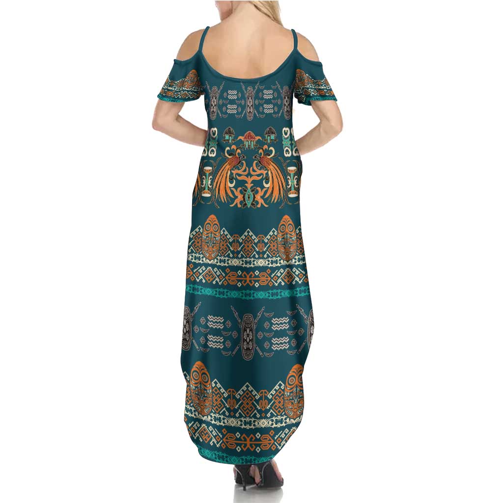 Dark Cyan Blue Batik Papua-inspired Pattern Summer Maxi Dress LT9 - Polynesian Pride