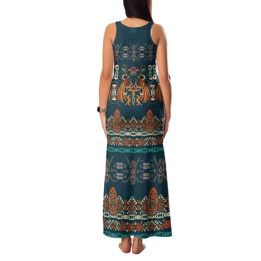 Dark Cyan Blue Batik Papua-inspired Pattern Tank Maxi Dress LT9 - Polynesian Pride