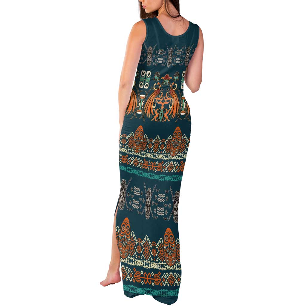 Dark Cyan Blue Batik Papua-inspired Pattern Tank Maxi Dress LT9 - Polynesian Pride