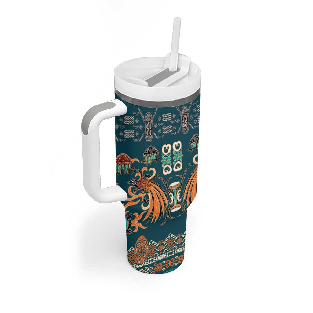 Dark Cyan Blue Batik Papua-inspired Pattern Tumbler With Handle - Polynesian Pride