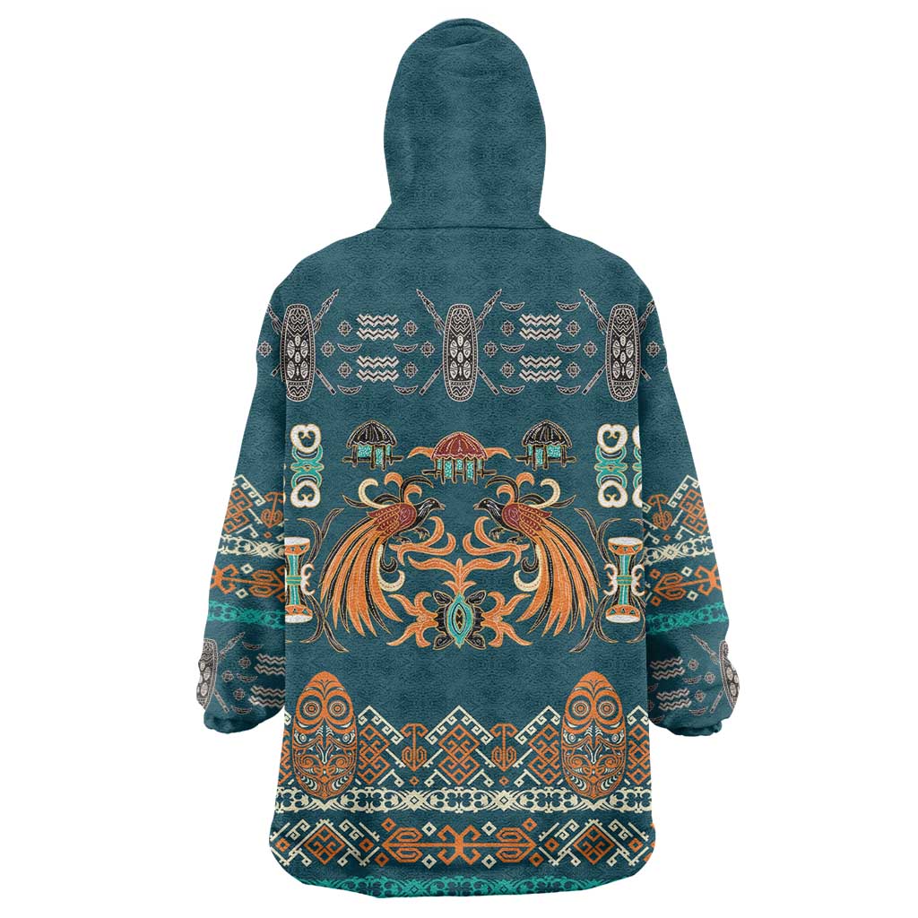 Dark Cyan Blue Batik Papua-inspired Pattern Wearable Blanket Hoodie LT9 - Polynesian Pride