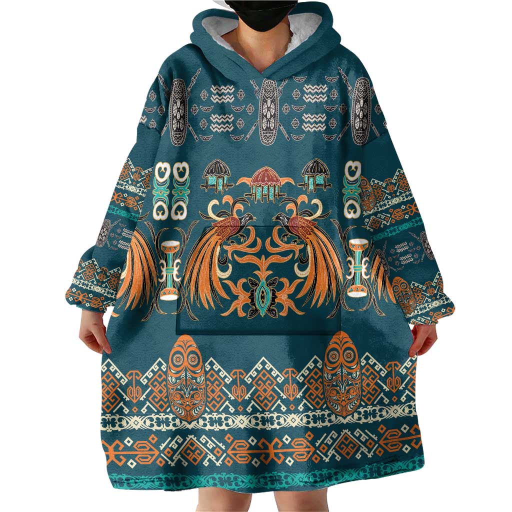 Dark Cyan Blue Batik Papua-inspired Pattern Wearable Blanket Hoodie LT9 - Polynesian Pride