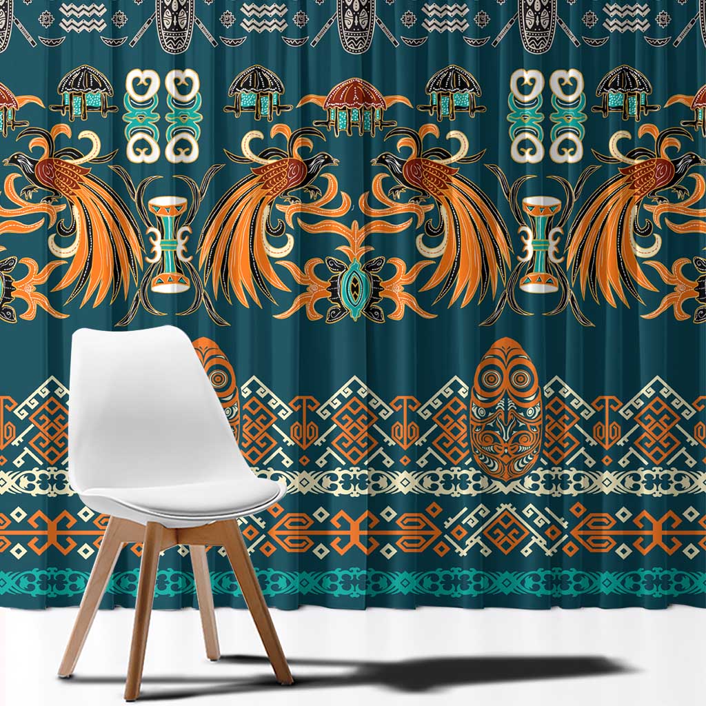 Dark Cyan Blue Batik Papua-inspired Pattern Window Curtain - Polynesian Pride