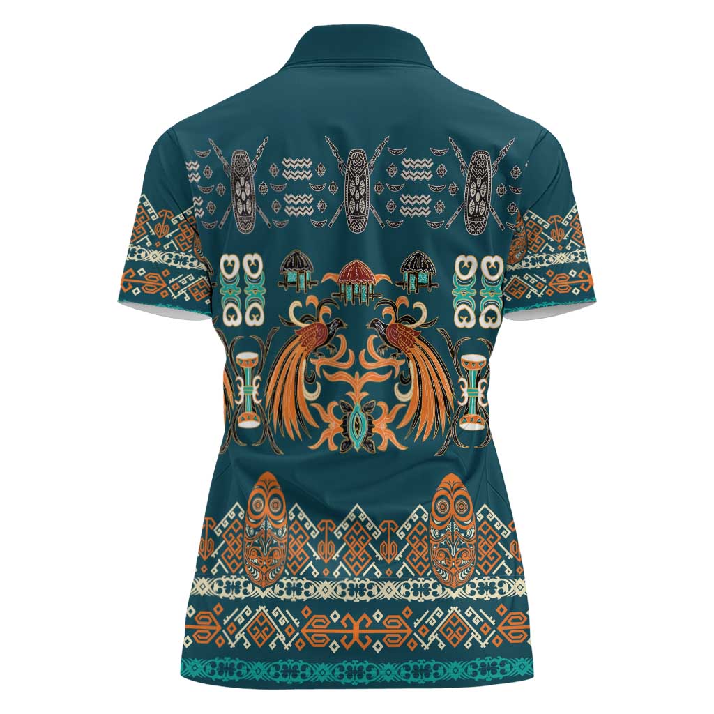 Dark Cyan Blue Batik Papua-inspired Pattern Women Polo Shirt - Polynesian Pride