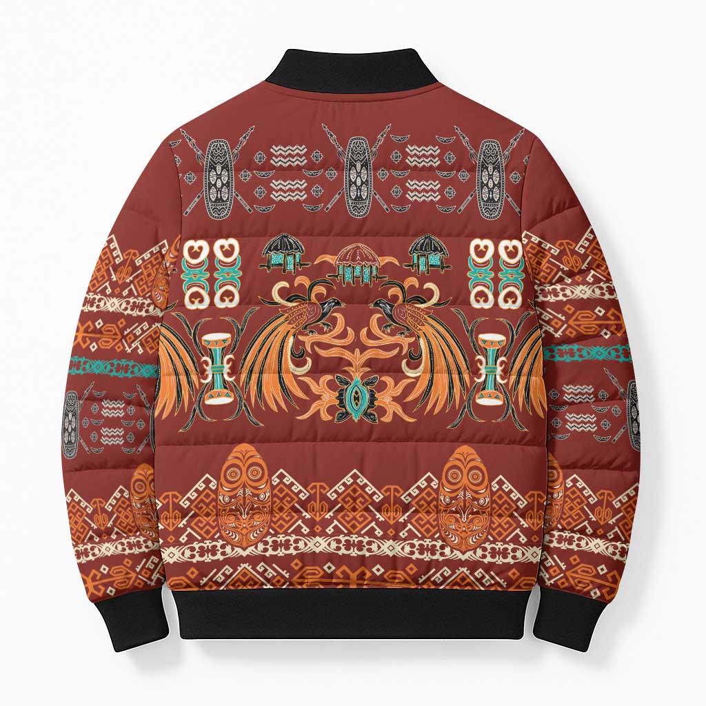 Oxblood Batik Papua-inspired Pattern Bomber Puffer Jacket LT9 - Polynesian Pride
