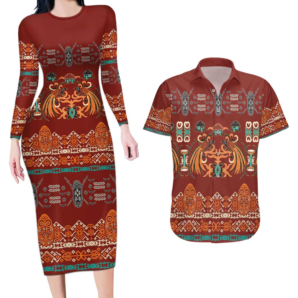 Oxblood Batik Papua-inspired Pattern Couples Matching Long Sleeve Bodycon Dress and Hawaiian Shirt LT9 Red - Polynesian Pride