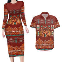 Oxblood Batik Papua-inspired Pattern Couples Matching Long Sleeve Bodycon Dress and Hawaiian Shirt LT9 Red - Polynesian Pride