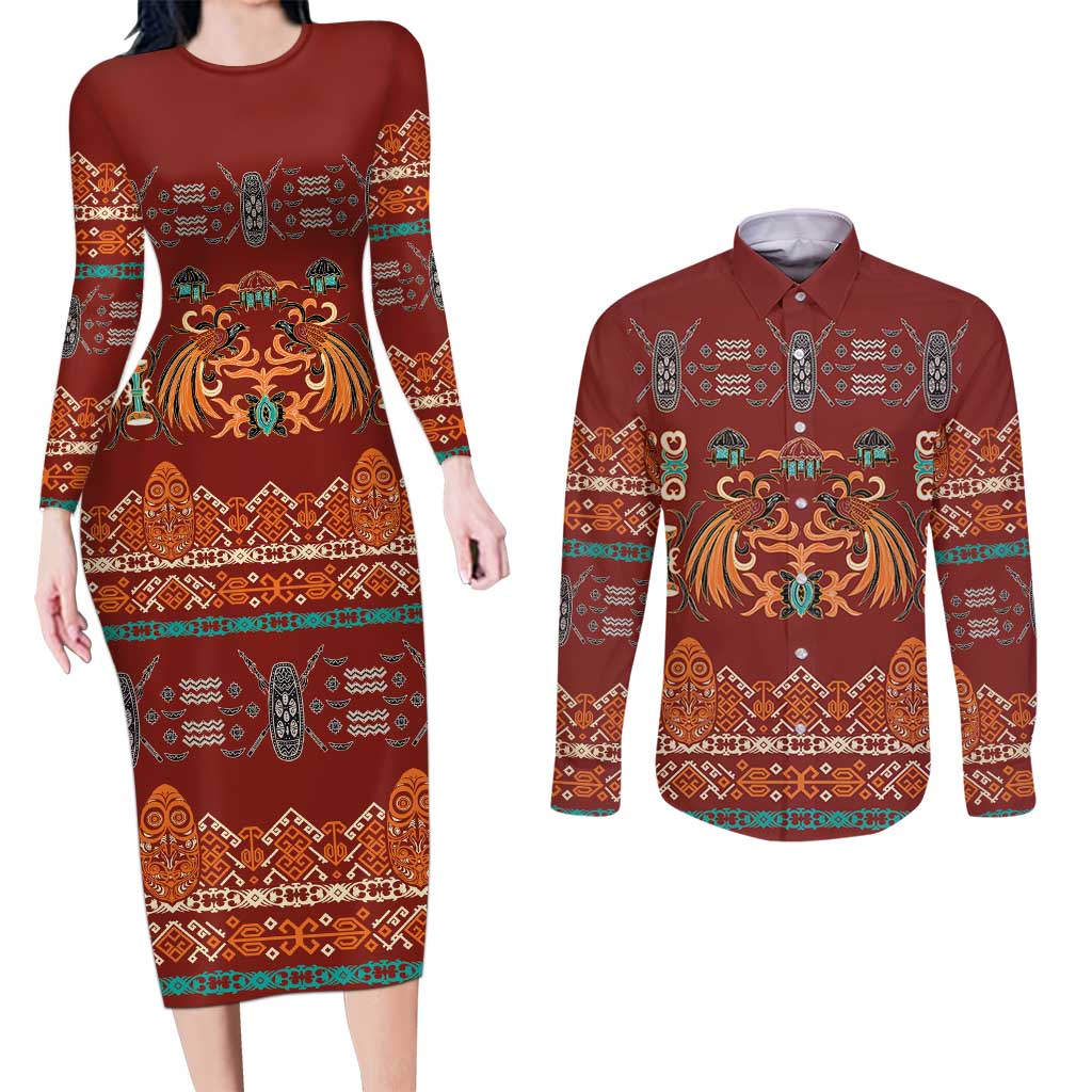 Oxblood Batik Papua-inspired Pattern Couples Matching Long Sleeve Bodycon Dress and Long Sleeve Button Shirt LT9 Red - Polynesian Pride