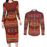 Oxblood Batik Papua-inspired Pattern Couples Matching Long Sleeve Bodycon Dress and Long Sleeve Button Shirt LT9 Red - Polynesian Pride