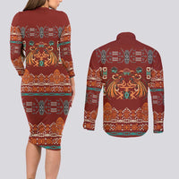 Oxblood Batik Papua-inspired Pattern Couples Matching Long Sleeve Bodycon Dress and Long Sleeve Button Shirt LT9 - Polynesian Pride