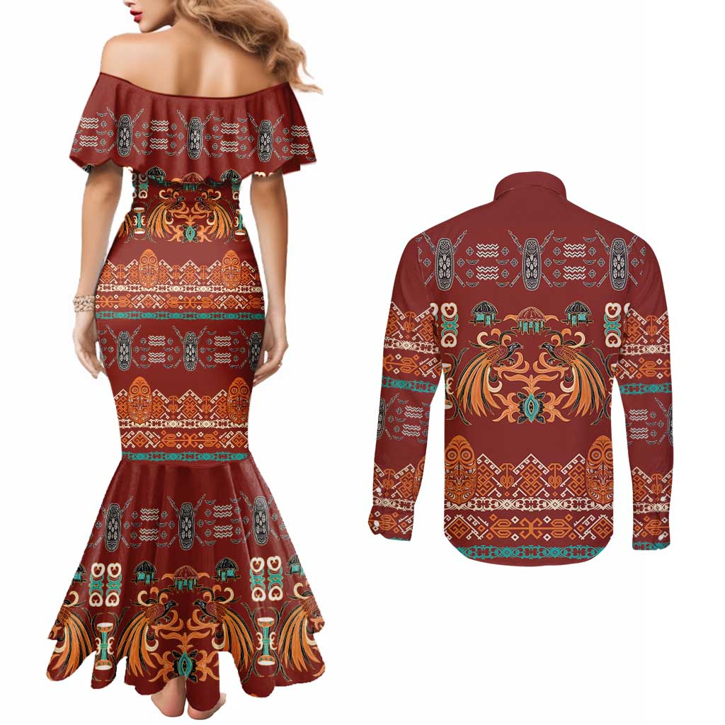 Oxblood Batik Papua-inspired Pattern Couples Matching Mermaid Dress and Long Sleeve Button Shirt LT9 - Polynesian Pride