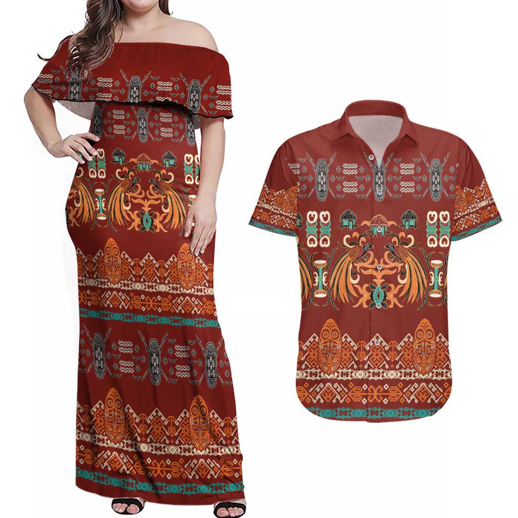 Oxblood Batik Papua-inspired Pattern Couples Matching Off Shoulder Maxi Dress and Hawaiian Shirt LT9 Red - Polynesian Pride