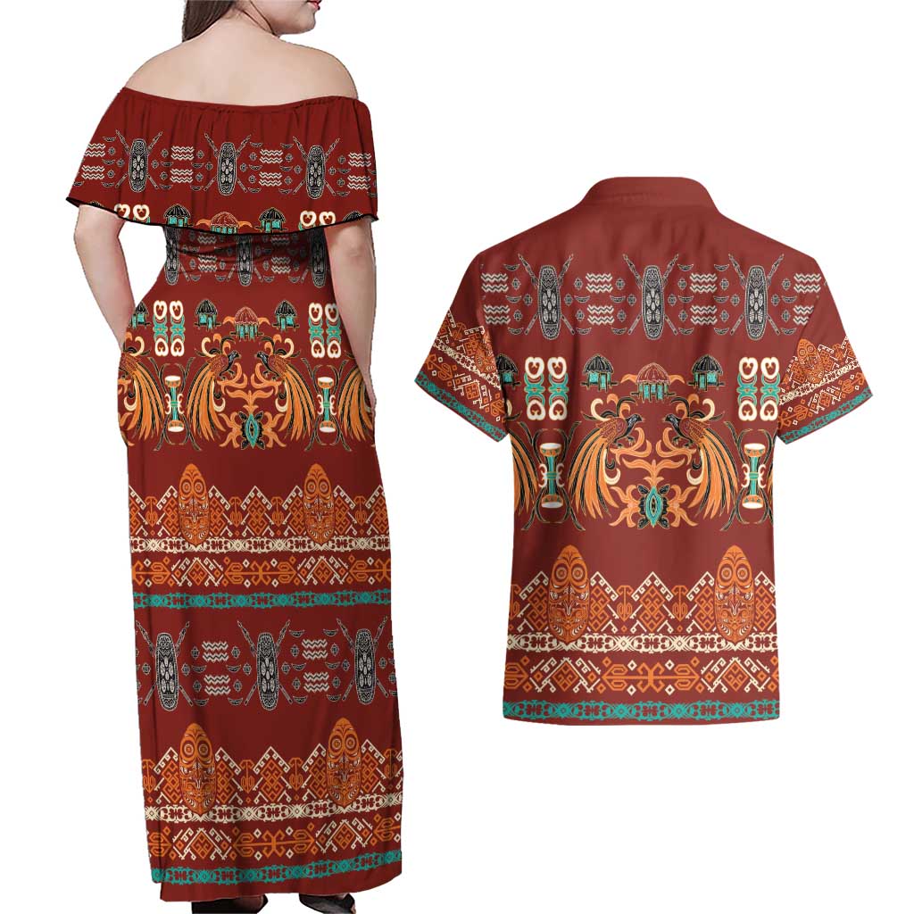 Oxblood Batik Papua-inspired Pattern Couples Matching Off Shoulder Maxi Dress and Hawaiian Shirt LT9 - Polynesian Pride