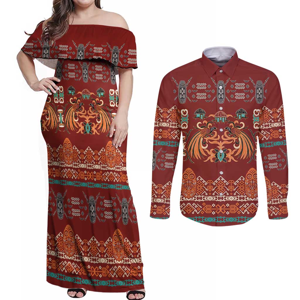 Oxblood Batik Papua-inspired Pattern Couples Matching Off Shoulder Maxi Dress and Long Sleeve Button Shirt LT9 Red - Polynesian Pride