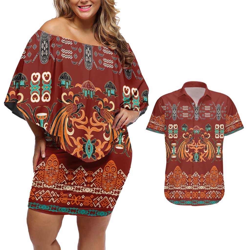 Oxblood Batik Papua-inspired Pattern Couples Matching Off Shoulder Short Dress and Hawaiian Shirt LT9 Red - Polynesian Pride