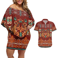 Oxblood Batik Papua-inspired Pattern Couples Matching Off Shoulder Short Dress and Hawaiian Shirt LT9 Red - Polynesian Pride