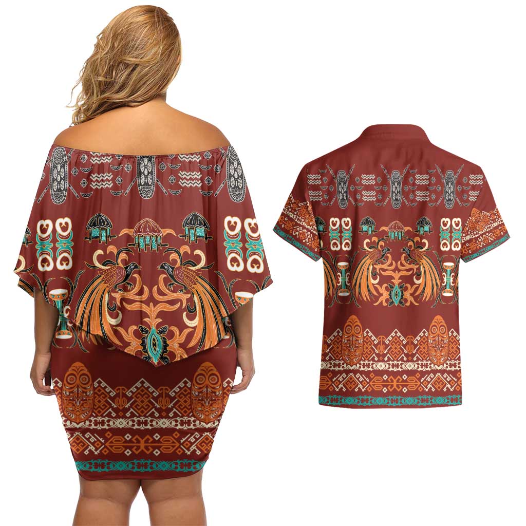 Oxblood Batik Papua-inspired Pattern Couples Matching Off Shoulder Short Dress and Hawaiian Shirt LT9 - Polynesian Pride