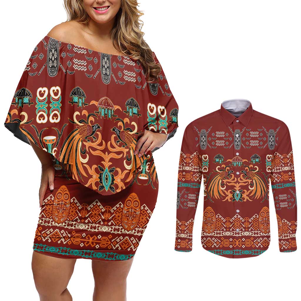 Oxblood Batik Papua-inspired Pattern Couples Matching Off Shoulder Short Dress and Long Sleeve Button Shirt LT9 Red - Polynesian Pride