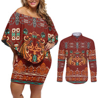 Oxblood Batik Papua-inspired Pattern Couples Matching Off Shoulder Short Dress and Long Sleeve Button Shirt LT9 Red - Polynesian Pride