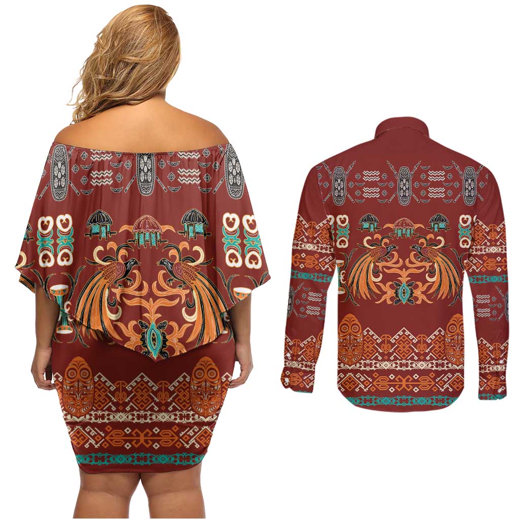 Oxblood Batik Papua-inspired Pattern Couples Matching Off Shoulder Short Dress and Long Sleeve Button Shirt LT9 - Polynesian Pride