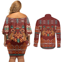 Oxblood Batik Papua-inspired Pattern Couples Matching Off Shoulder Short Dress and Long Sleeve Button Shirt LT9 - Polynesian Pride