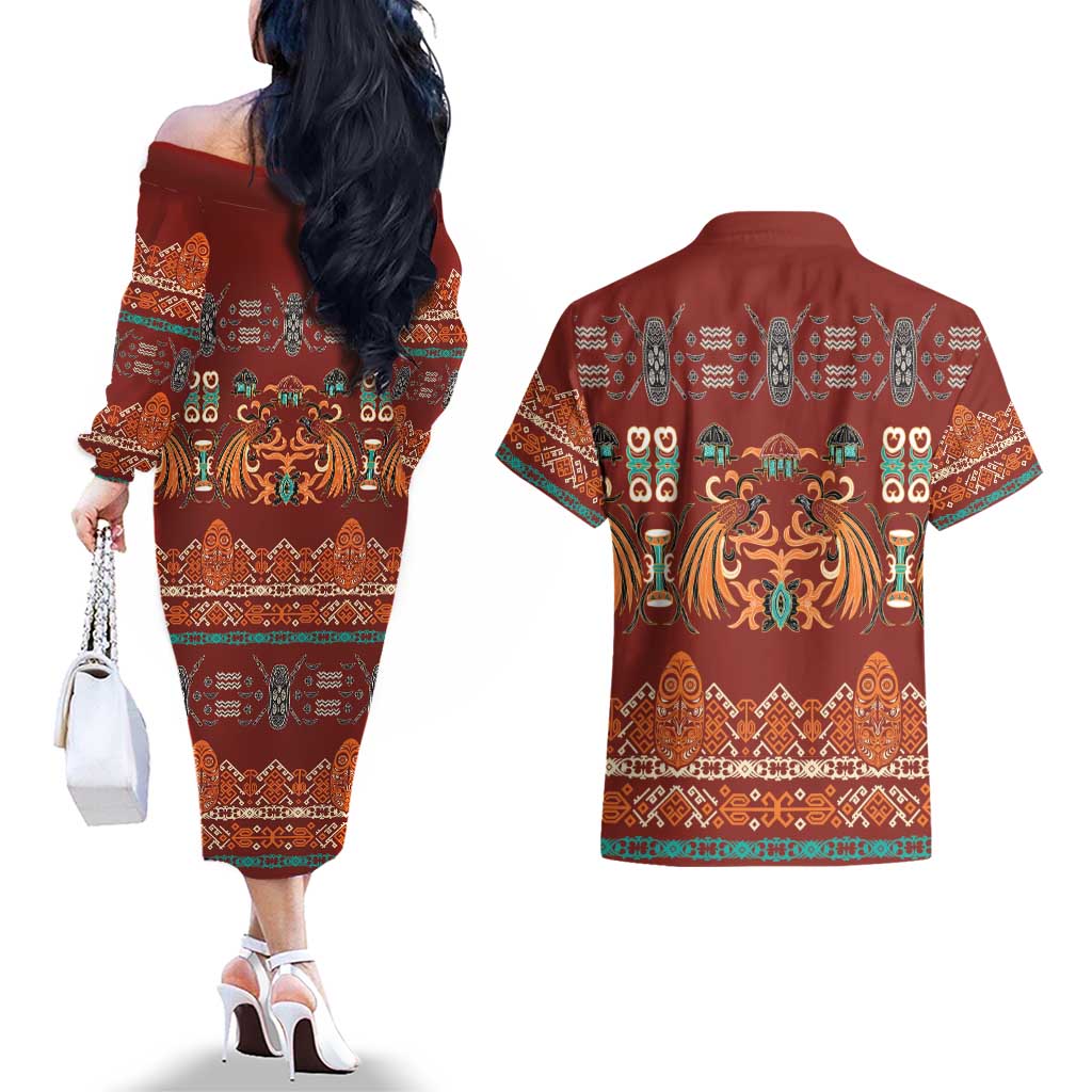 Oxblood Batik Papua-inspired Pattern Couples Matching Off The Shoulder Long Sleeve Dress and Hawaiian Shirt - Polynesian Pride