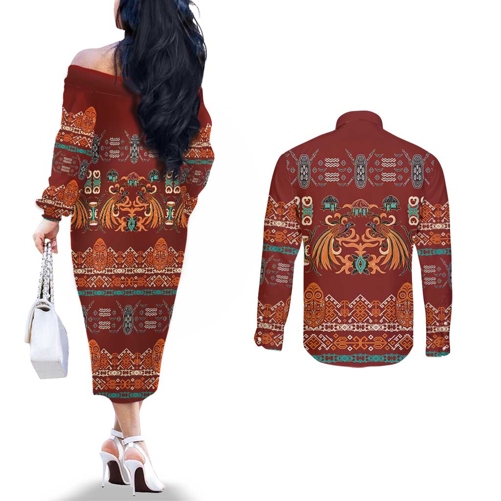 Oxblood Batik Papua-inspired Pattern Couples Matching Off The Shoulder Long Sleeve Dress and Long Sleeve Button Shirt LT9 - Polynesian Pride