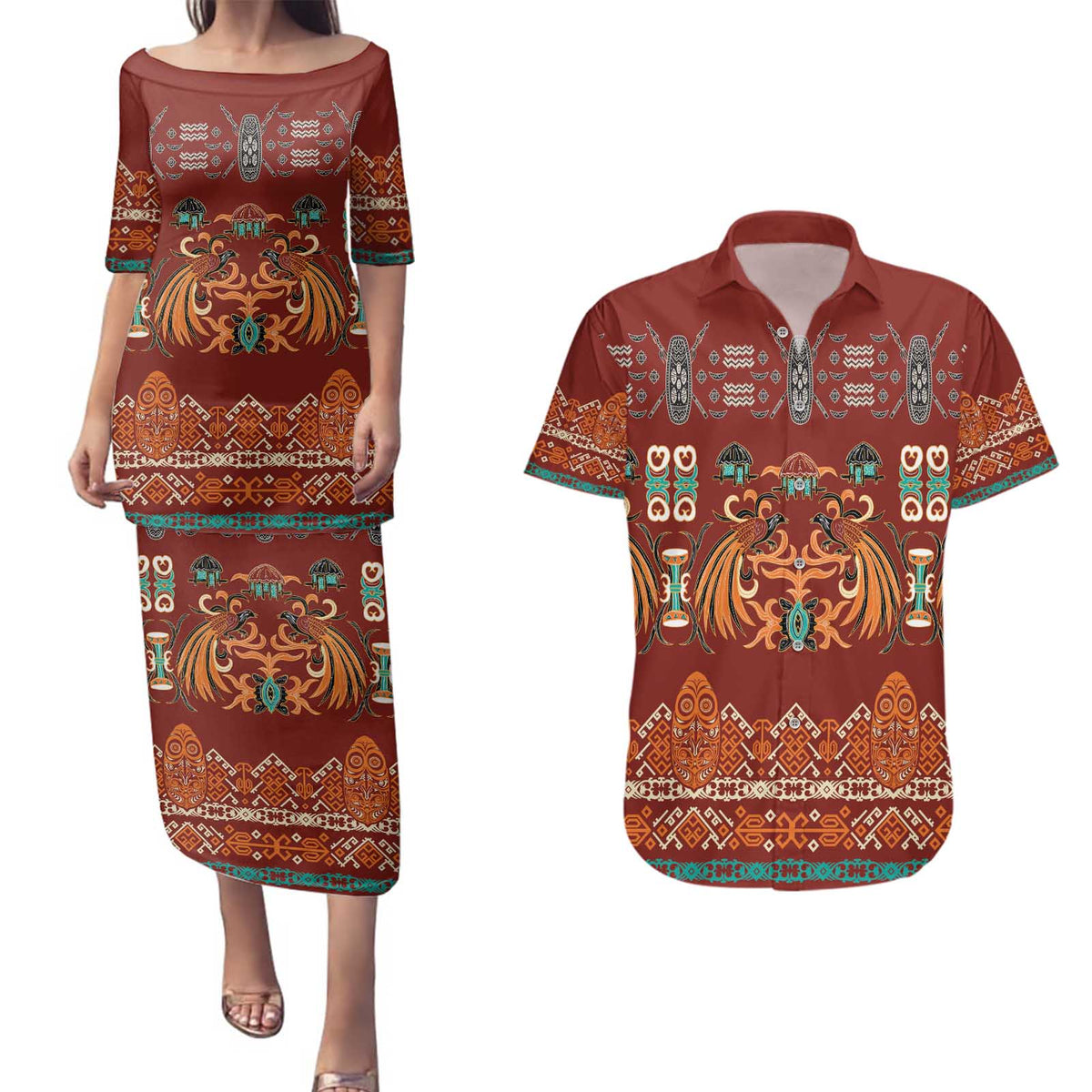Oxblood Batik Papua-inspired Pattern Couples Matching Puletasi and Hawaiian Shirt LT9 Red - Polynesian Pride