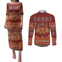 Oxblood Batik Papua-inspired Pattern Couples Matching Puletasi and Long Sleeve Button Shirt LT9 Red - Polynesian Pride