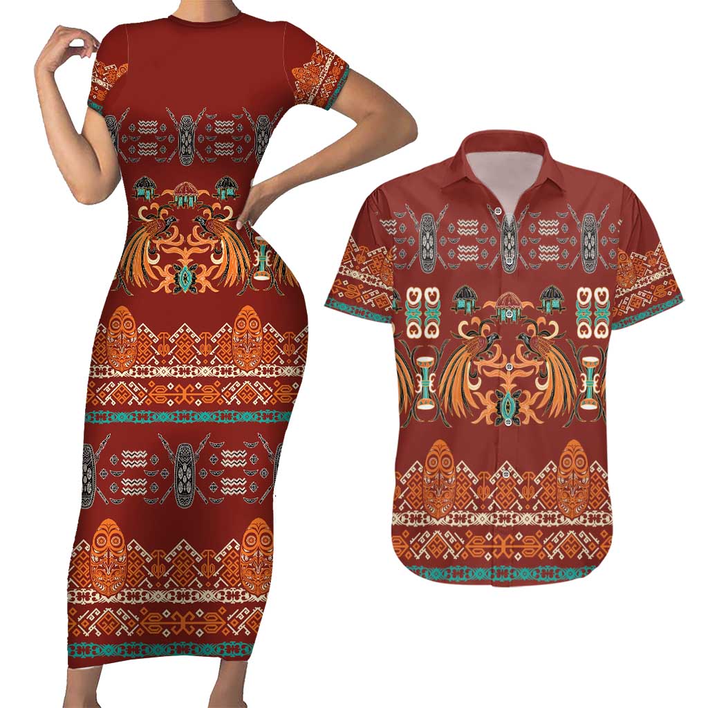 Oxblood Batik Papua-inspired Pattern Couples Matching Short Sleeve Bodycon Dress and Hawaiian Shirt LT9 Red - Polynesian Pride